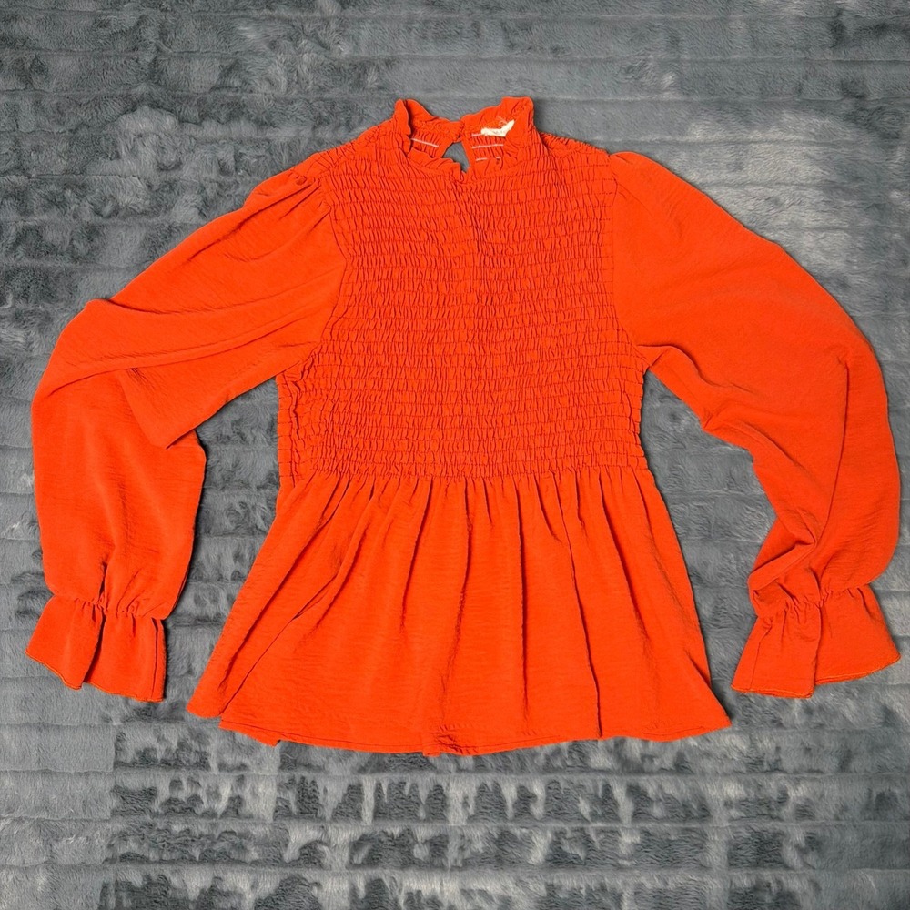 Peach Love California Smocked Peplum Top Orange Long Sleeve Ruffle Neck Large